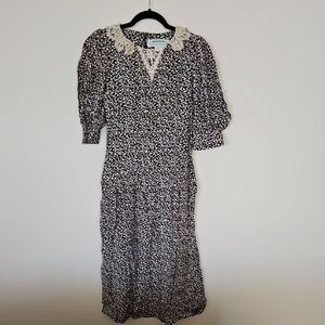 Black and White Floral Midi Dress with Lace Collar